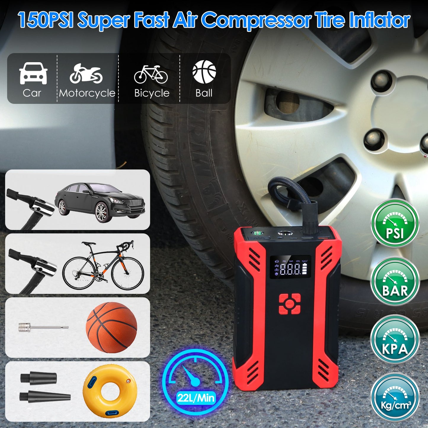 1Pc Car Jump Starter With Air Compressor Portable Car Battery Booster With Digital Tire Inflator With 2000mAh Peak Current For 12V Car 6.5L Gas Or 4.0L Diesel Engines