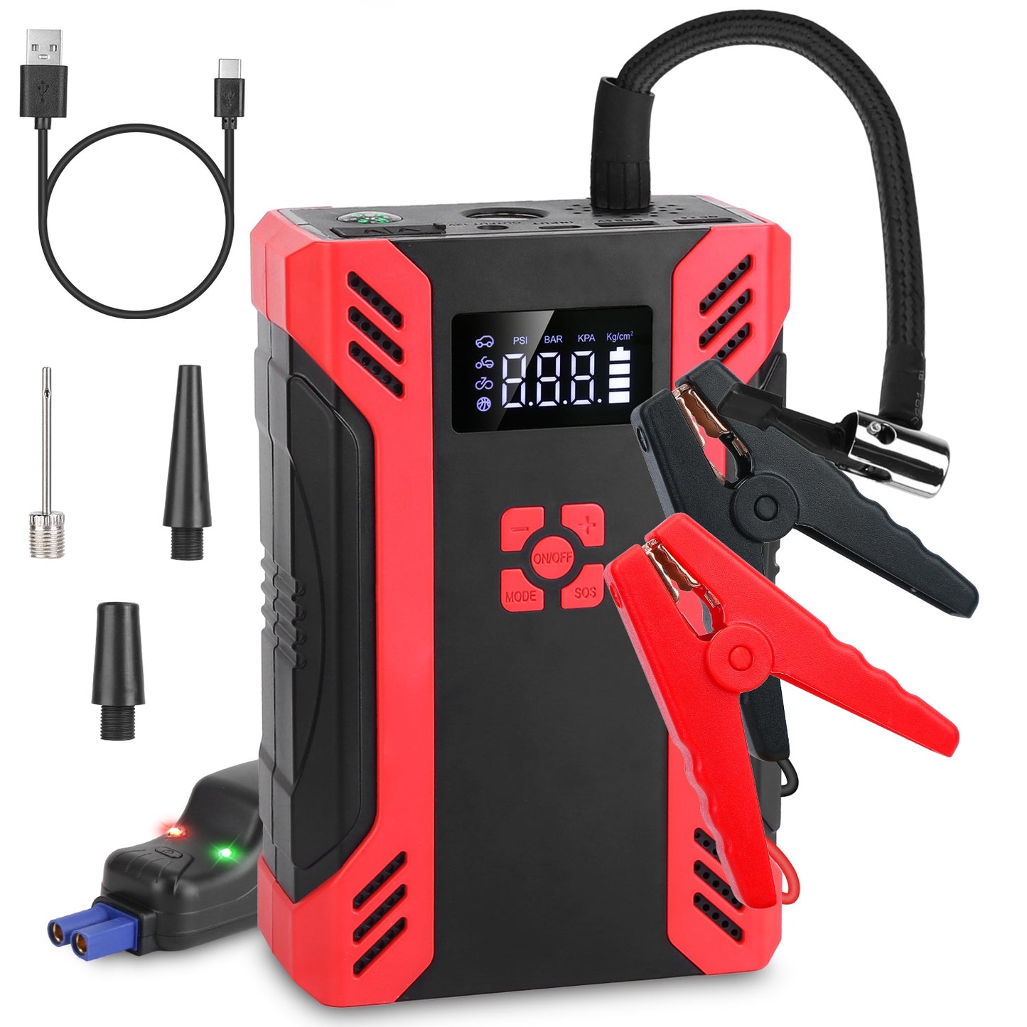 1Pc Car Jump Starter With Air Compressor Portable Car Battery Booster With Digital Tire Inflator With 2000mAh Peak Current For 12V Car 6.5L Gas Or 4.0L Diesel Engines