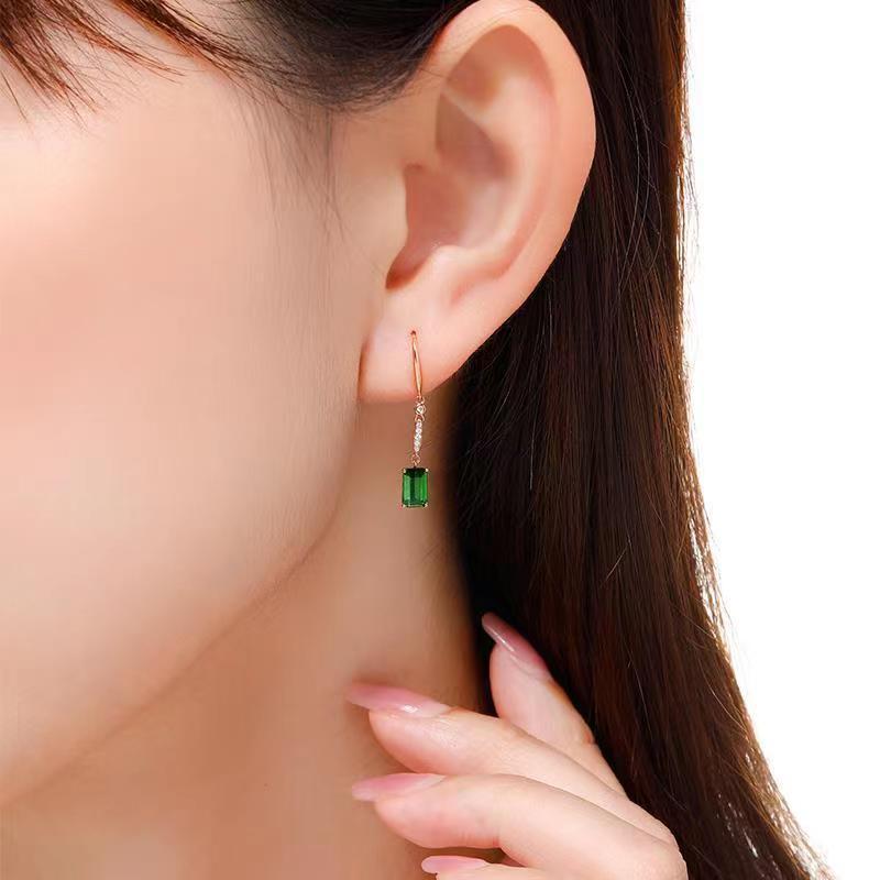 Personalized Natural Green Tourmaline Earrings Women's Gem Square Cute